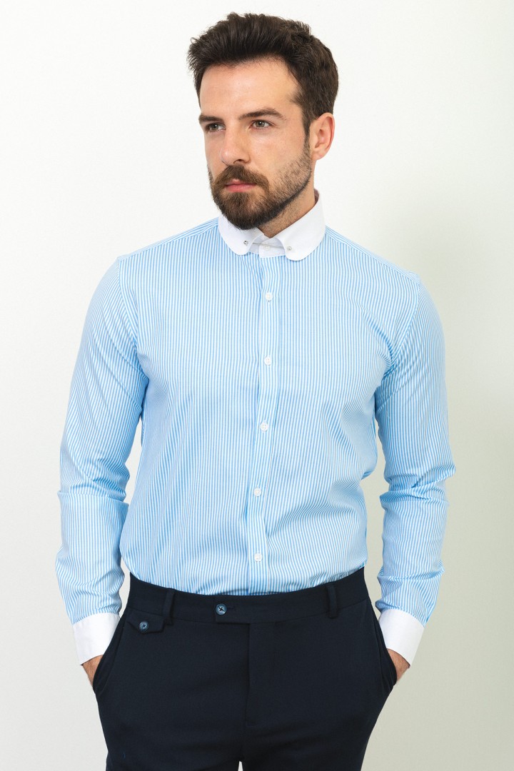 Blue And White Colours Combination Cotton Fabric Needle With Round Collar And Striped Design Classic Mens Shirt