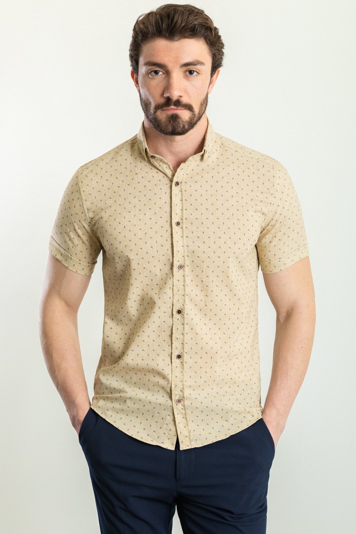 Beige Cotton And Elastane Fabrics With Figured Design Short Sleeve Casual Mens Shirt