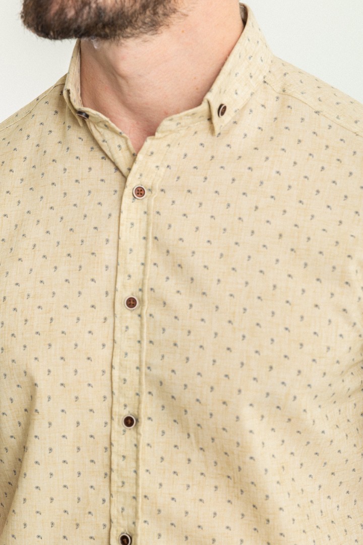 Beige Cotton And Elastane Fabrics With Figured Design Short Sleeve Casual Mens Shirt