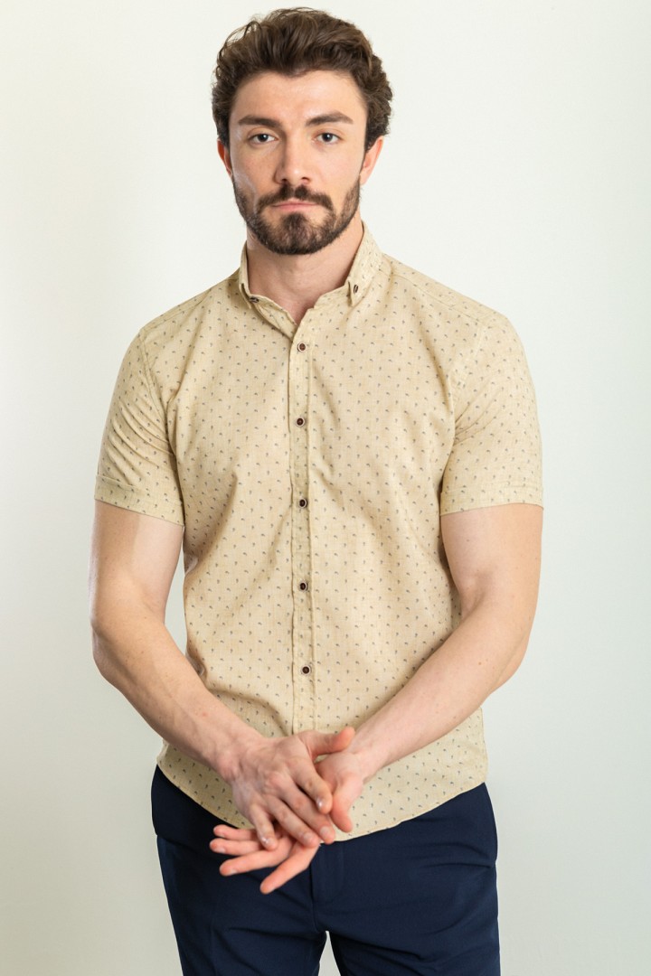 Beige Cotton And Elastane Fabrics With Figured Design Short Sleeve Casual Mens Shirt