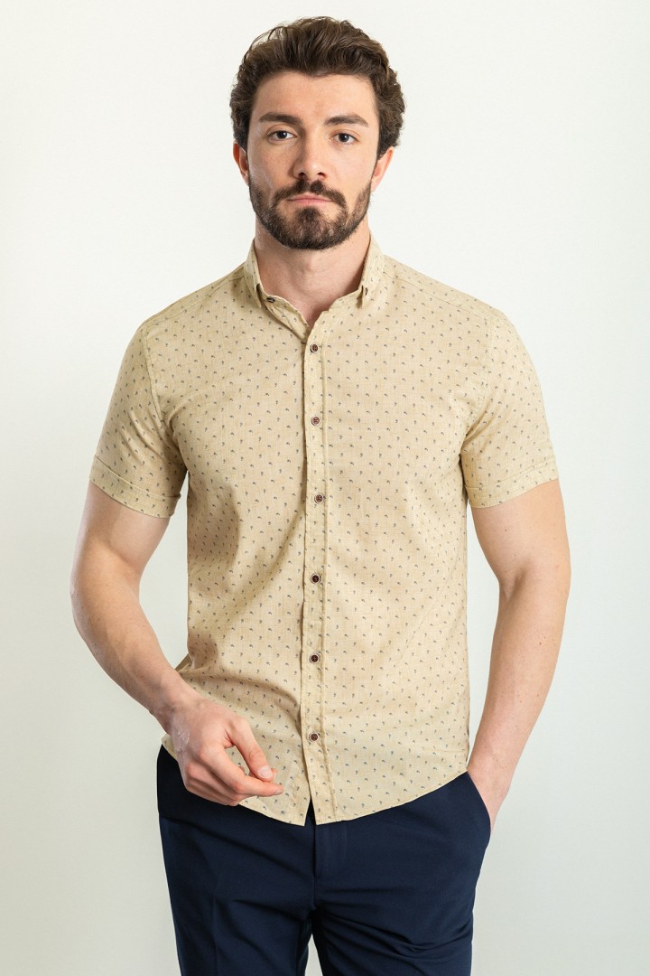 Beige Cotton And Elastane Fabrics With Figured Design Short Sleeve Casual Mens Shirt