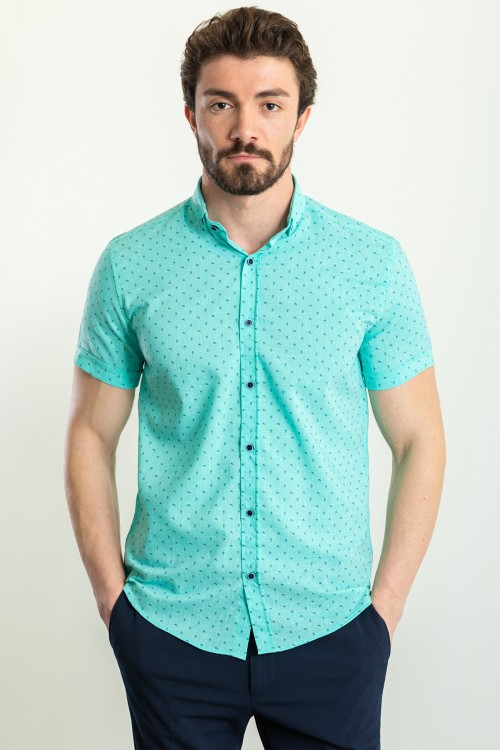Mint Green Cotton And Elastane Fabrics With Figured Design Short Sleeve Casual Mens Shirt