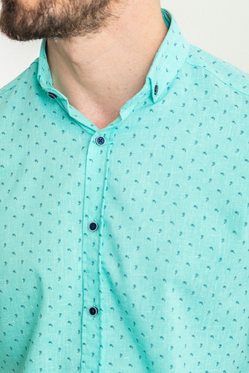 Mint Green Cotton And Elastane Fabrics With Figured Design Short Sleeve Casual Mens Shirt