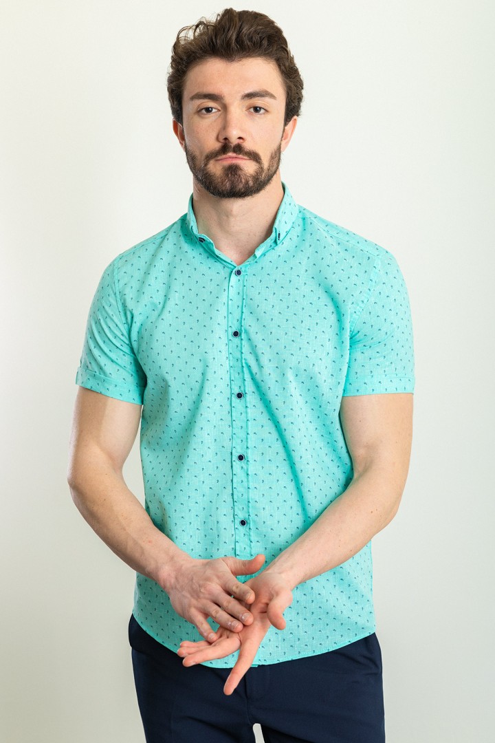 Mint Green Cotton And Elastane Fabrics With Figured Design Short Sleeve Casual Mens Shirt