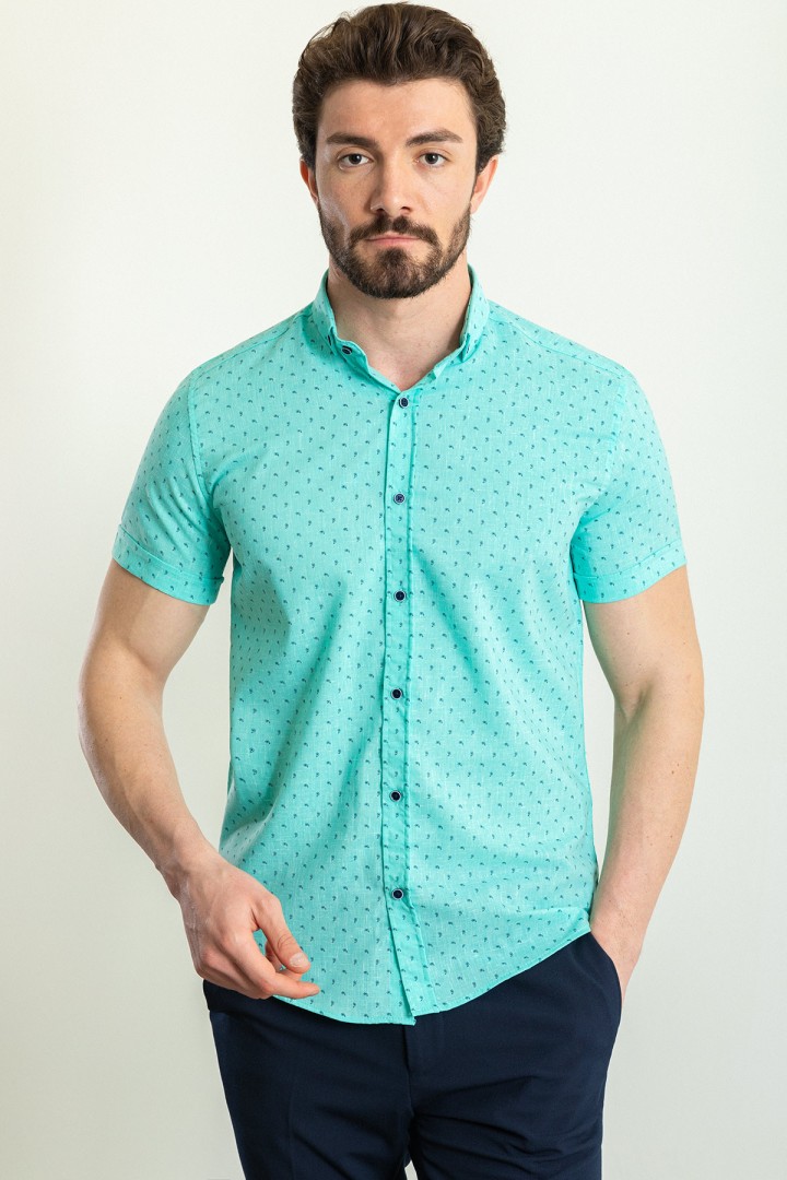 Mint Green Cotton And Elastane Fabrics With Figured Design Short Sleeve Casual Mens Shirt