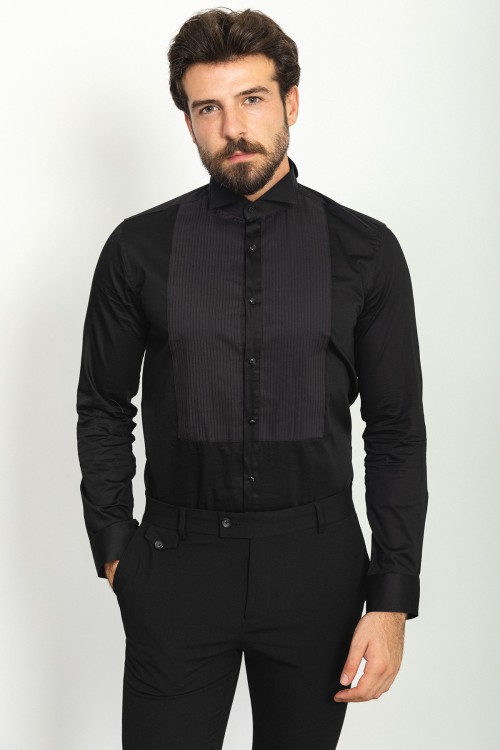 Black Cotton Fabric With Wing Collar Design Classic Mens Tuxedo Shirt