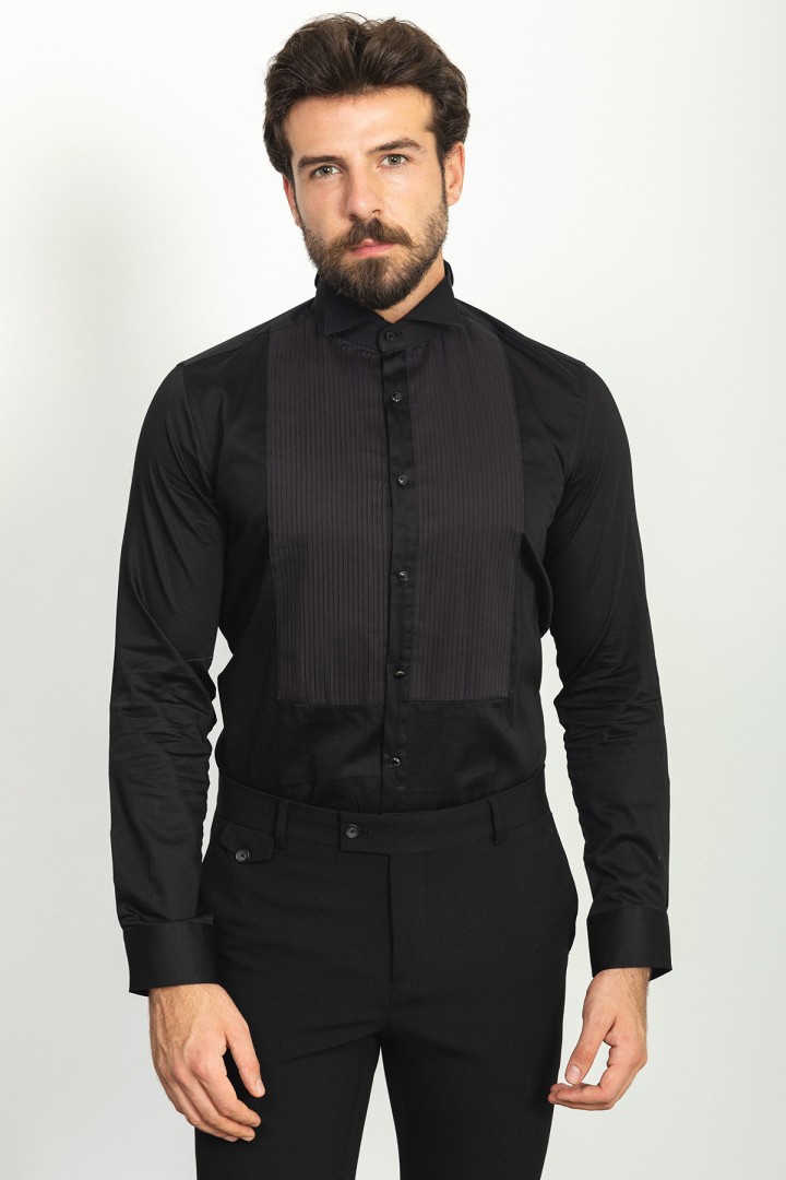 Black Cotton Fabric With Wing Collar Design Classic Mens Tuxedo Shirt