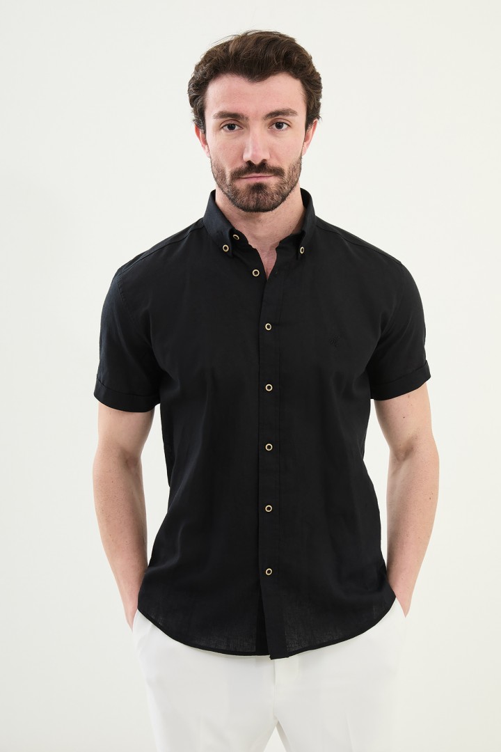 Black Color Short Sleeve Linen Shirt