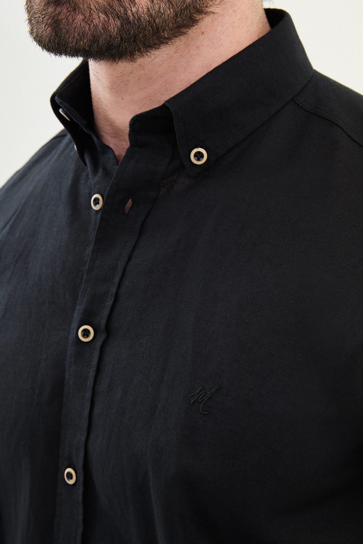 Black Color Short Sleeve Linen Shirt