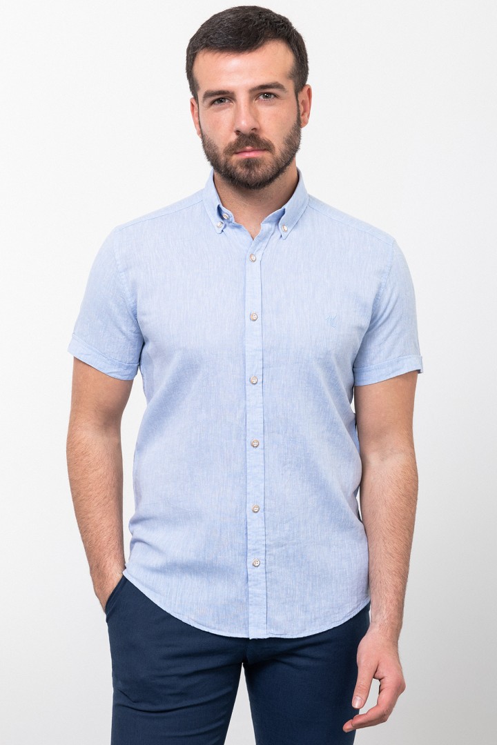 Blue Linen And Cotton Fabrics Casual Short Sleeve Mens Shirt