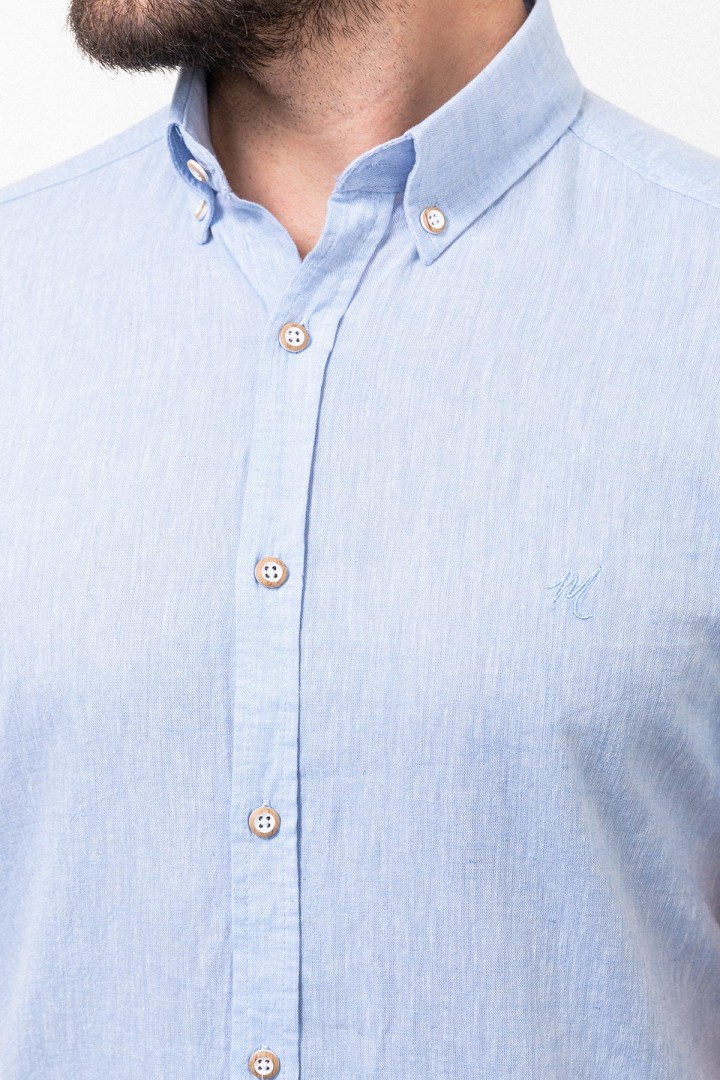 Blue Linen And Cotton Fabrics Casual Short Sleeve Mens Shirt