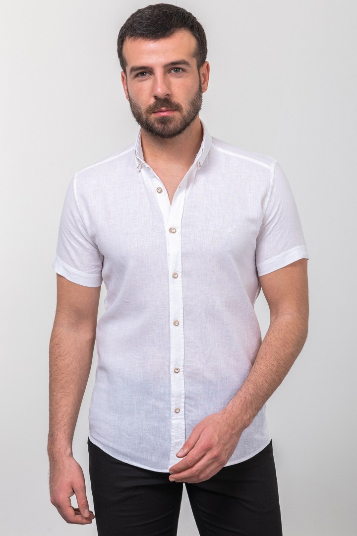 White Linen And Cotton Fabrics Casual Short Sleeve Mens Shirt