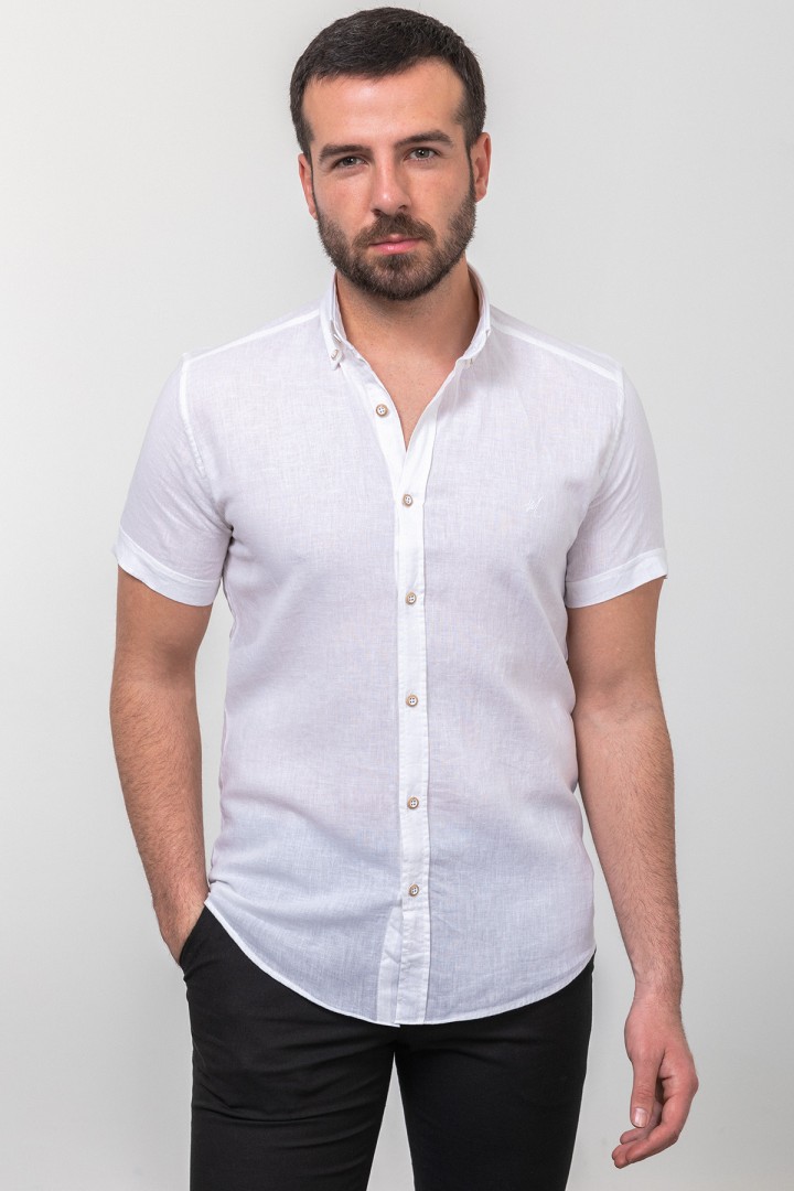White Linen And Cotton Fabrics Casual Short Sleeve Mens Shirt
