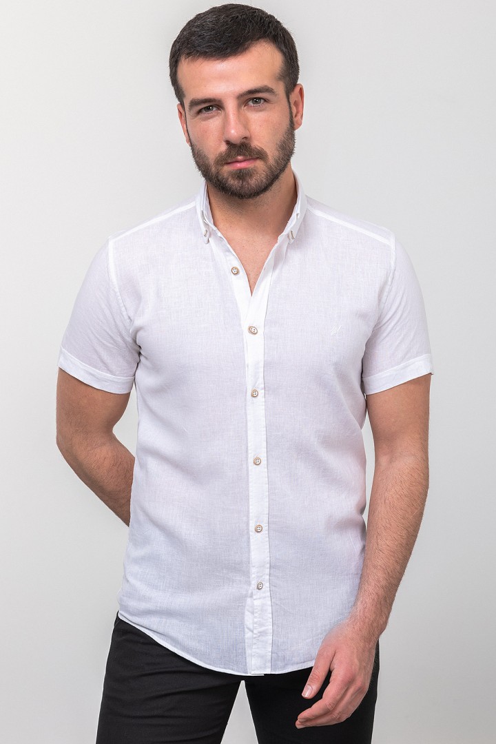 White Linen And Cotton Fabrics Casual Short Sleeve Mens Shirt