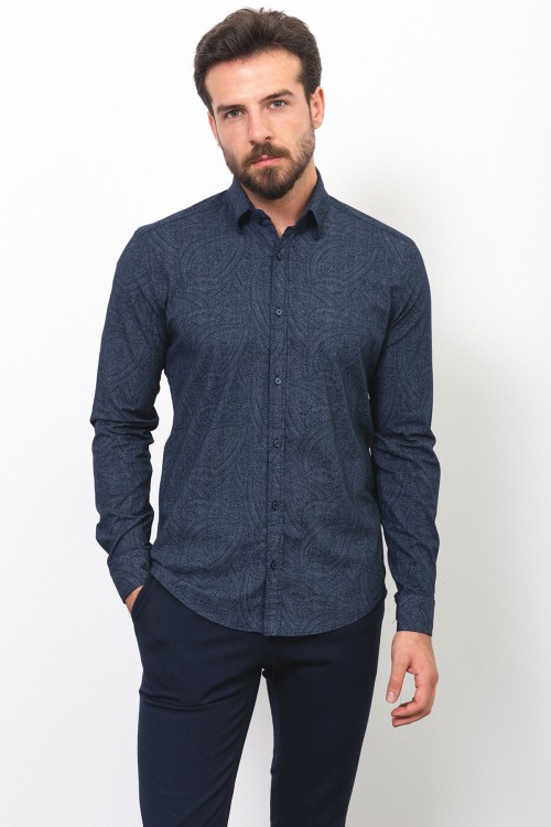 Dark Blue And Grey Colours Combination Cotton And Elastane Fabric Figured Design With Concealed Button Casual Mens Shirt