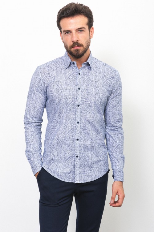White And Dark Blue Colours Combination Cotton And Elastane Fabric Figured Design With Concealed Button Casual Mens Shirt