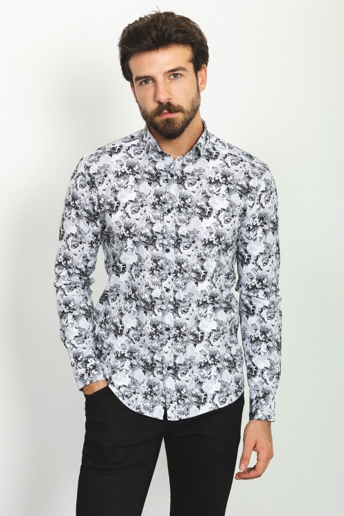 Black And White Colours Combination Cotton And Elastan Fabrics With Flower Design Casual Mens Shirt