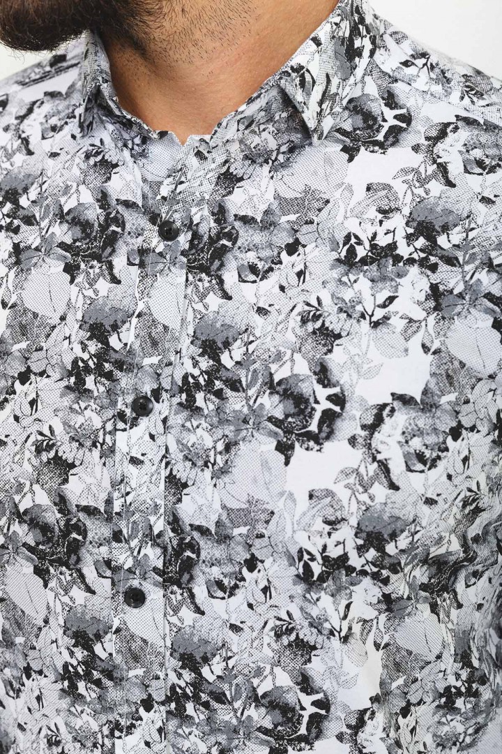 Black And White Colours Combination Cotton And Elastan Fabrics With Flower Design Casual Mens Shirt