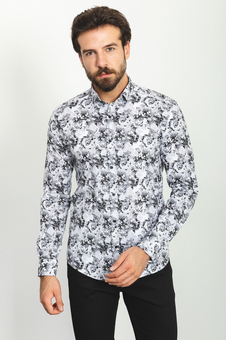 Black And White Colours Combination Cotton And Elastan Fabrics With Flower Design Casual Mens Shirt
