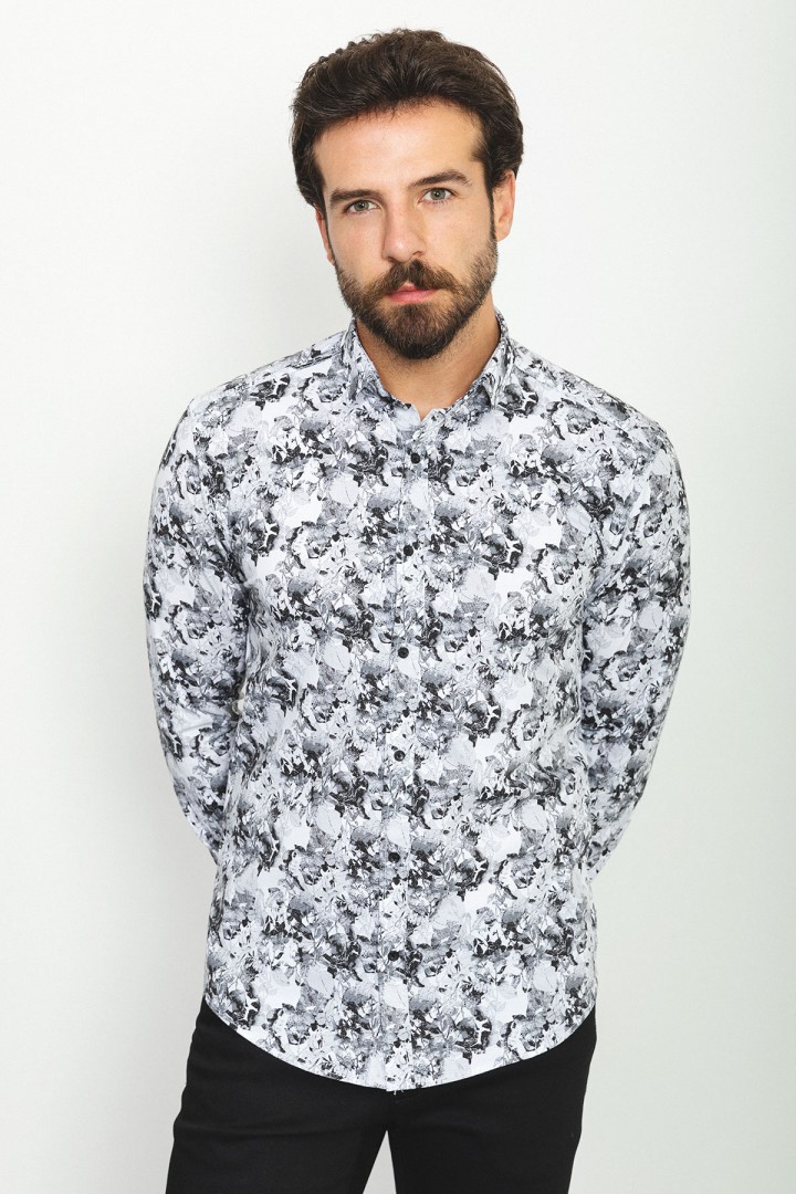 Black And White Colours Combination Cotton And Elastan Fabrics With Flower Design Casual Mens Shirt