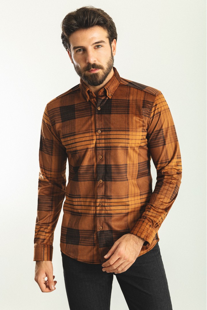 Camel Color Check Patterned Design Velvet Fabric Casual Men's Shirt