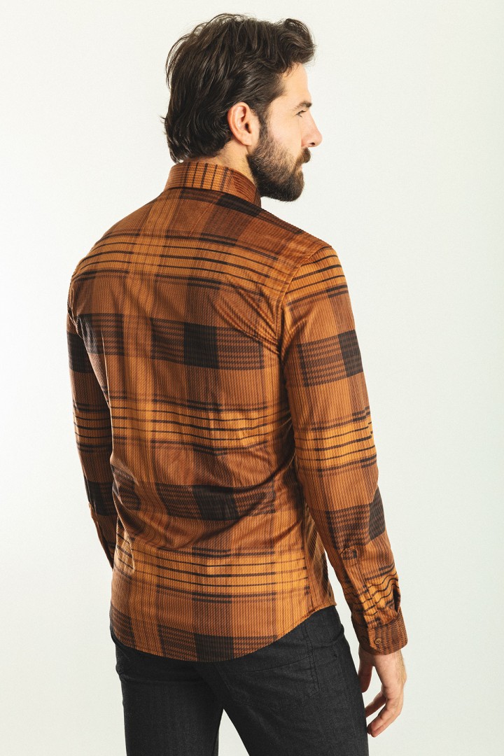 Camel Color Check Patterned Design Velvet Fabric Casual Men's Shirt