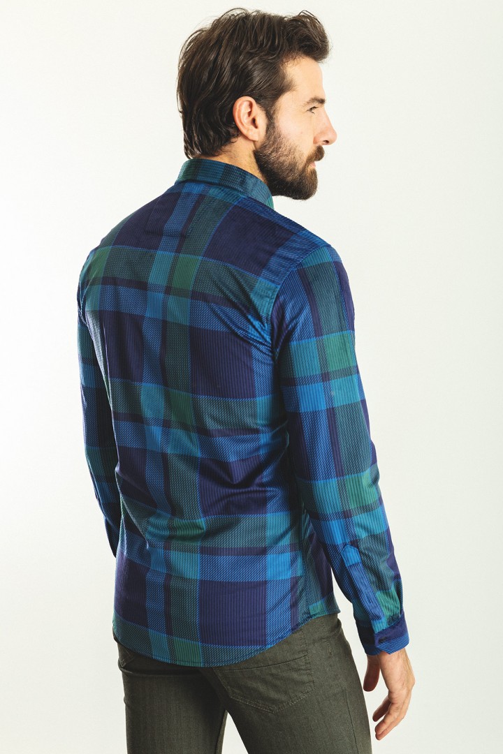 Light Dark Blue Color Check Patterned Design Velvet Fabric Casual Men's Shirt