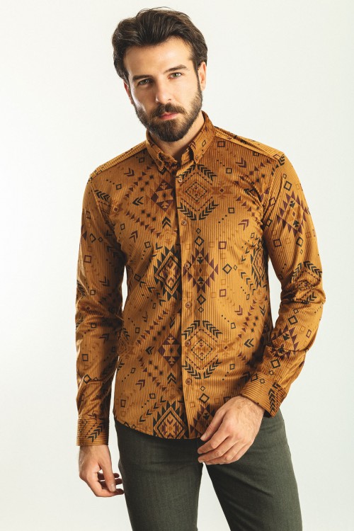 Beige Color Figured Design Velvet Fabric Casual Men's Shirt
