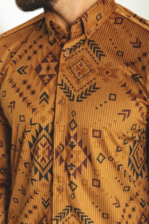 Beige Color Figured Design Velvet Fabric Casual Men's Shirt