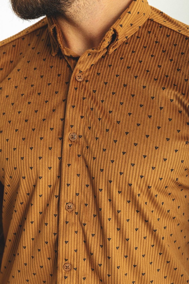 Camel Color Figured Design Velvet Fabric Casual Men's Shirt