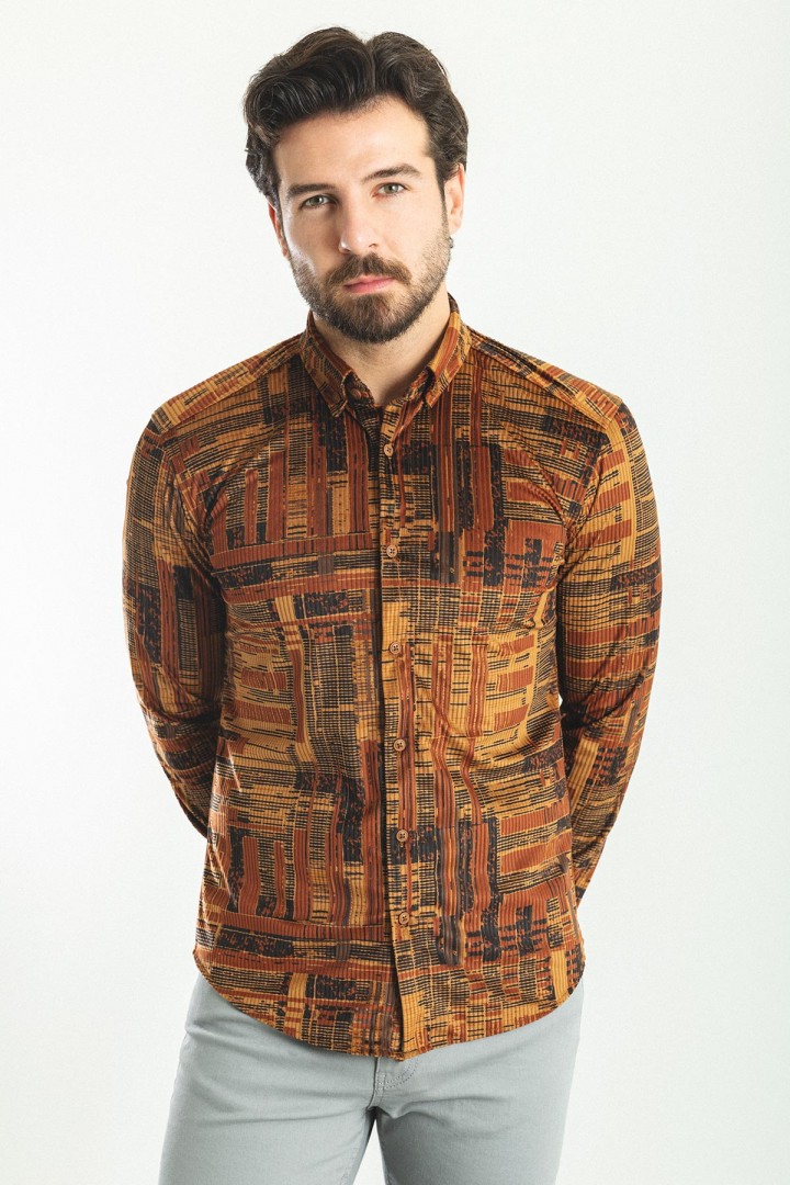 Camel Color Cotton Fabric Figured Design Casual Men's Shirt