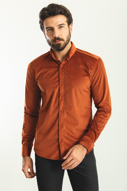 Tile Color Striped Velvet Fabric Casual Men's Shirt