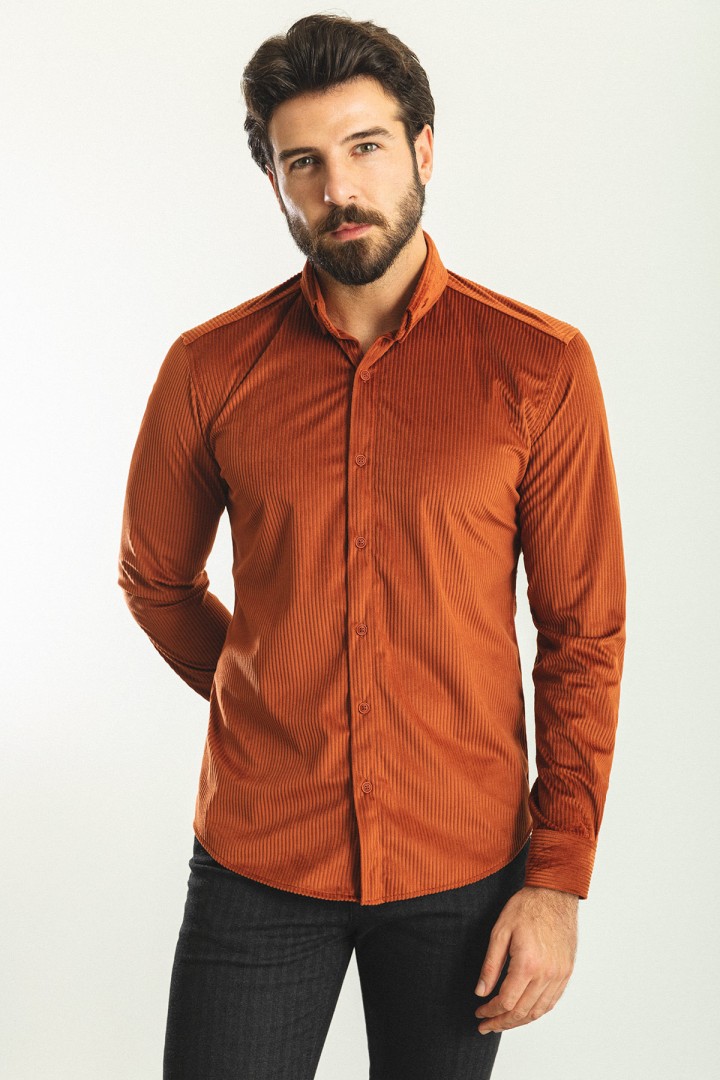 Tile Color Striped Velvet Fabric Casual Men's Shirt