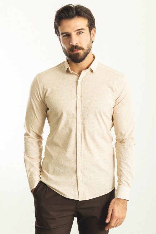 White And Camel Color Figured Design Casual Men's Shirt