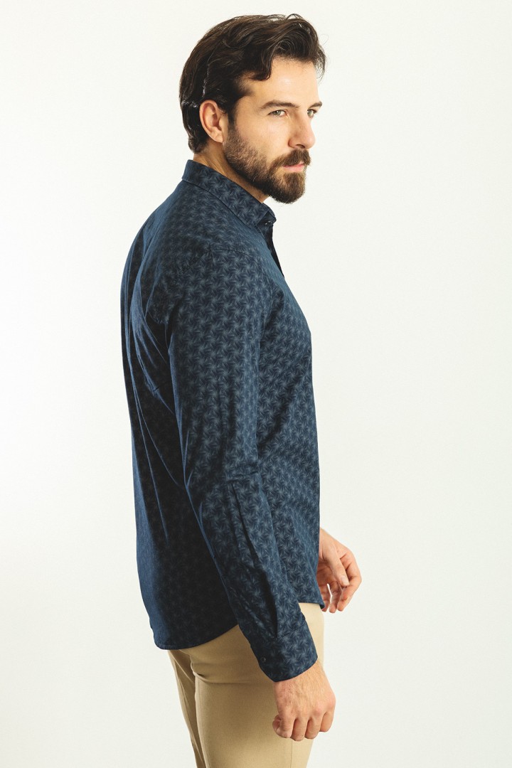 Dark Blue And Grey Color Figured Design Casual Men's Shirt