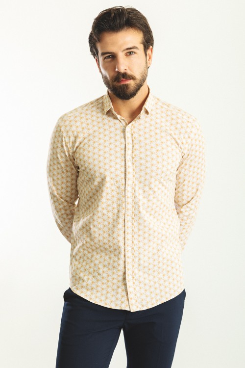 White And Camel Color Figured Design Casual Men's Shirt