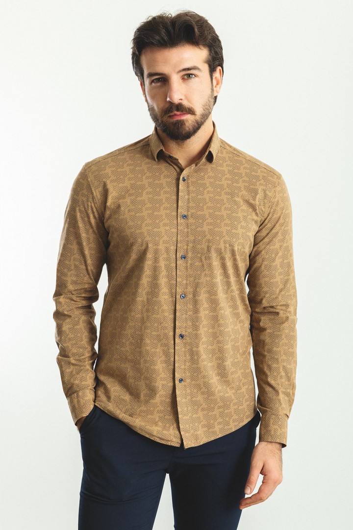 Camel And Dark Blue Color Figured Design Casual Cotton Men's Shirt