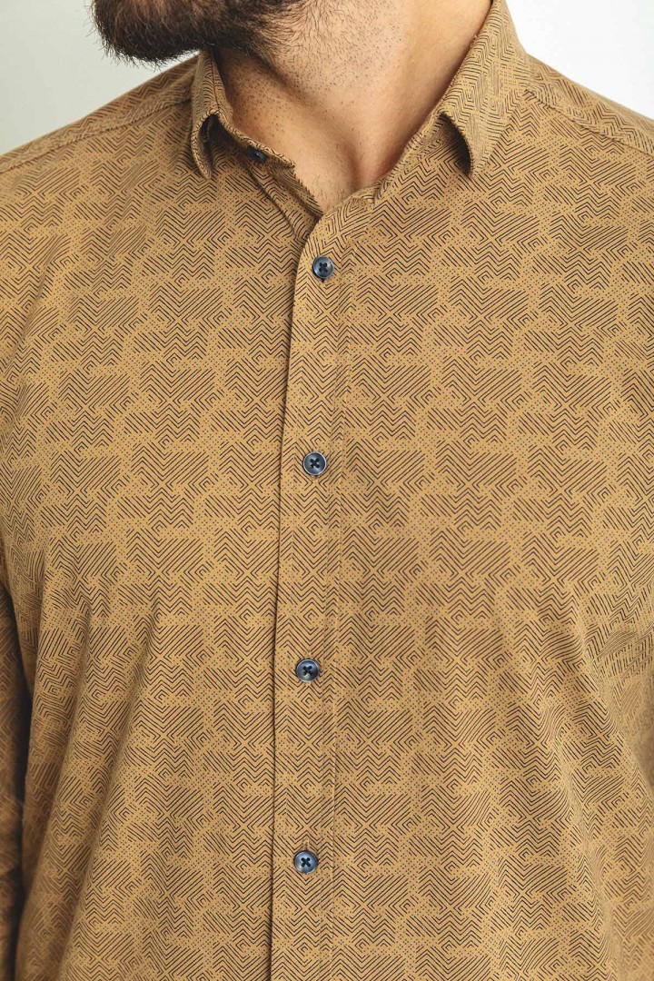 Camel And Dark Blue Color Figured Design Casual Cotton Men's Shirt