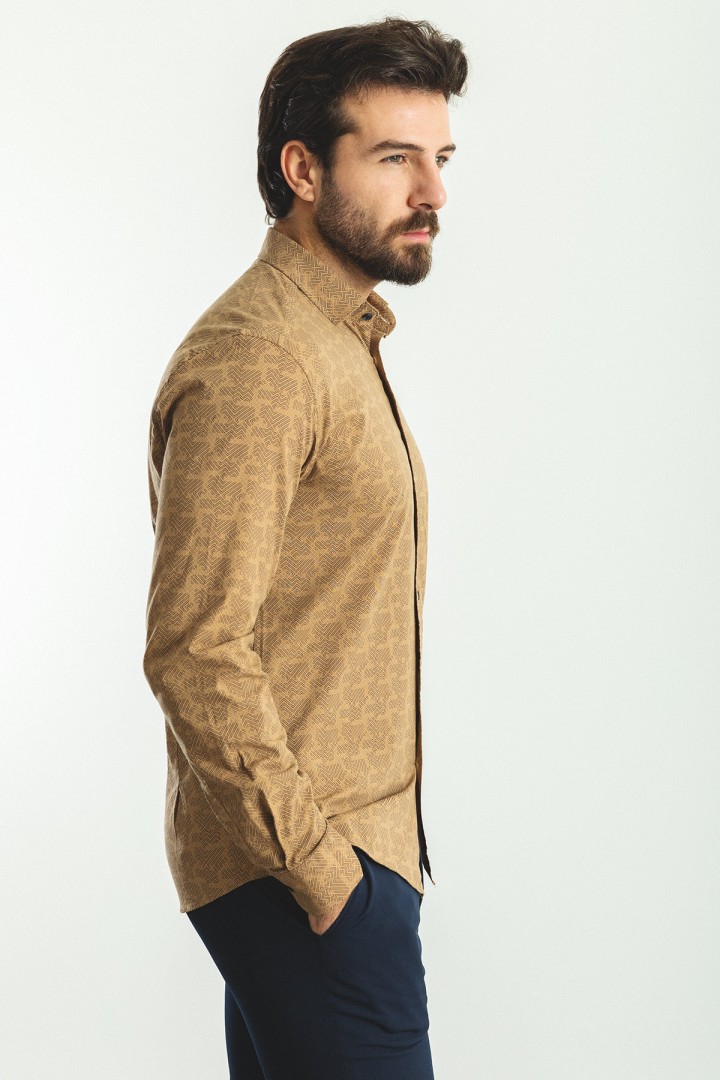 Camel And Dark Blue Color Figured Design Casual Cotton Men's Shirt