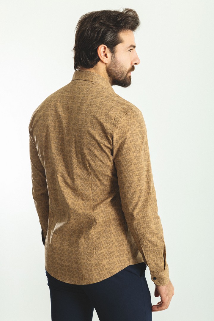 Camel And Dark Blue Color Figured Design Casual Cotton Men's Shirt