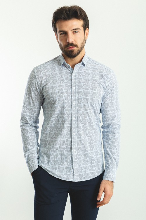 White And Sax Color Figured Design Casual Cotton Men's Shirt