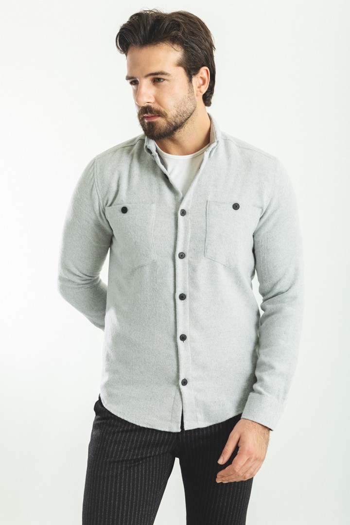 Grey Color Flap Pocket Design Casual Wool Men's Shirt