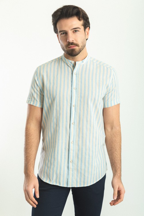 Ecru And Blue Color Striped Design Casual Cotton Shirt