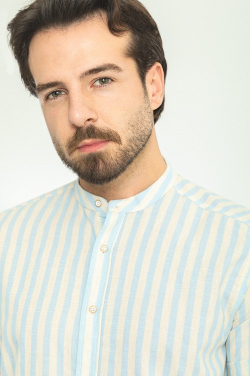 Ecru And Blue Color Striped Design Casual Cotton Shirt