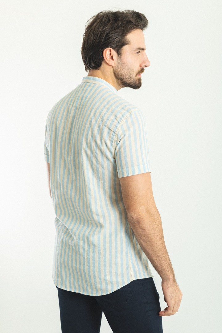 Ecru And Blue Color Striped Design Casual Cotton Shirt