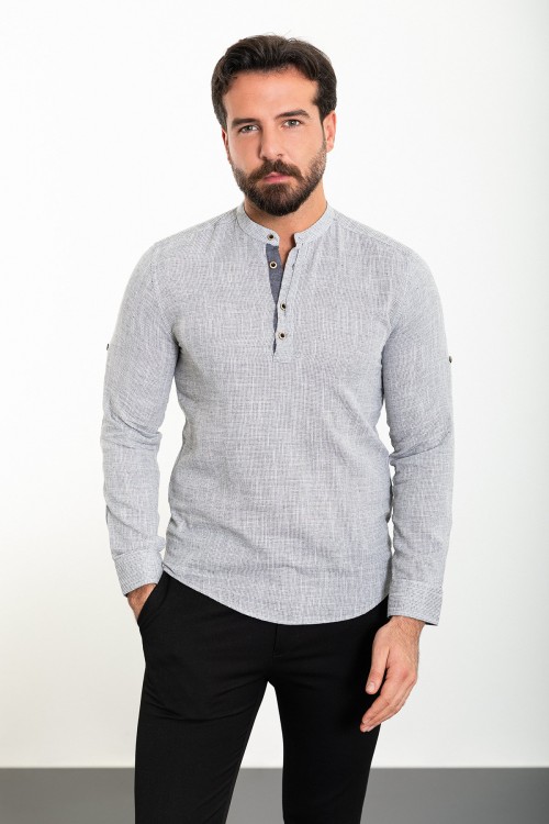 Black And Ecru Color Mandarin Collar Design Casual Cotton Men's Shirt