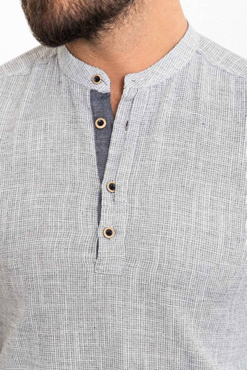 Black And Ecru Color Mandarin Collar Design Casual Cotton Men's Shirt