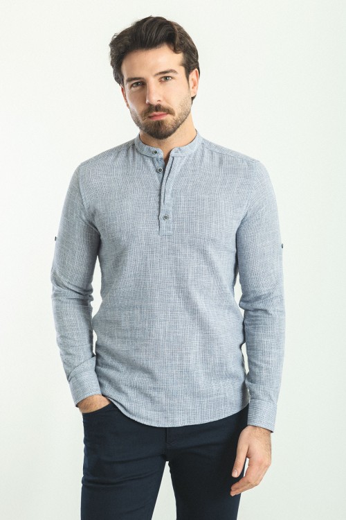 Dark Blue And Ecru Color Mandarin Collar Design Casual Cotton Men's Shirt