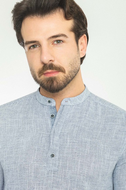 Dark Blue And Ecru Color Mandarin Collar Design Casual Cotton Men's Shirt