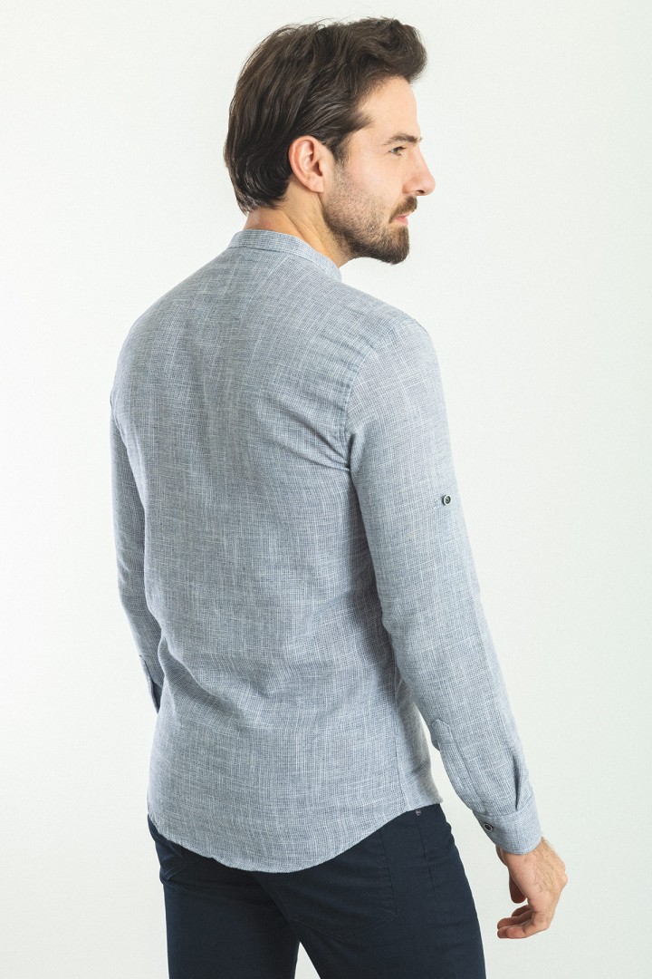 Dark Blue And Ecru Color Mandarin Collar Design Casual Cotton Men's Shirt